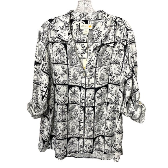 C&C California New Black & White Tropical Print Linen Button-Up Shirt Women’s 2X - Picture 9 of 9